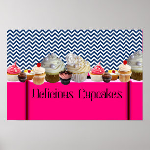 LÄCKRA CUPCAKES ÖKENBUTIK/ BLÅ VIT CHEVRON POSTER