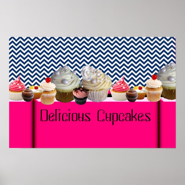 LÄCKRA CUPCAKES ÖKENBUTIK/ BLÅ VIT CHEVRON POSTER (Framsidan)