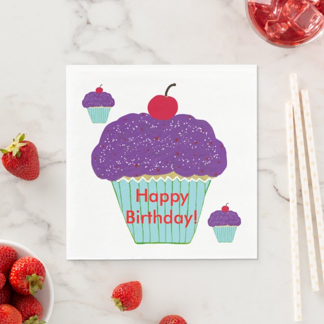 Läckra lila frostings körsbärsmuffins födelsedag pappersservett (Insitu)