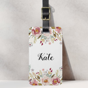 Läckra rosa blommor Vit anpassad namn Bagagebricka