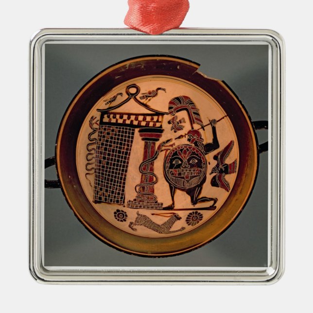 Laconian svart-figur kopp som visar en krigareatta julgransprydnad metall (Framsidan)