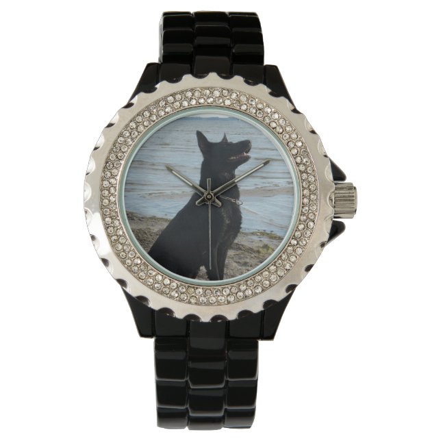 Lacquer Black German Shepherd vid Beach Armbandsur (Framsida)