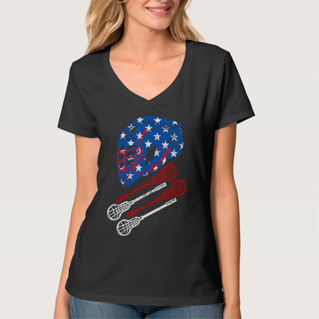 Lacrosse 4:e juli-amerikanska Flagga T Shirt (Framsida)
