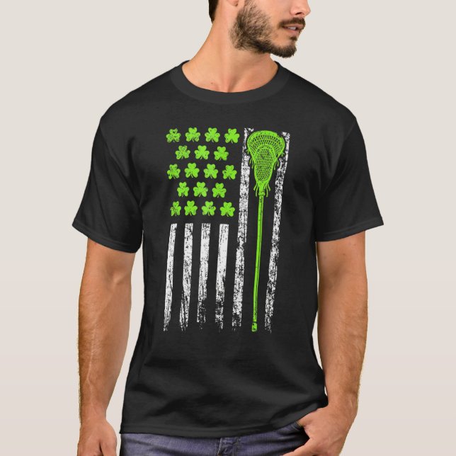 Lacrosse American Flag St Patrick Day For Men Boy  T Shirt (Framsida)