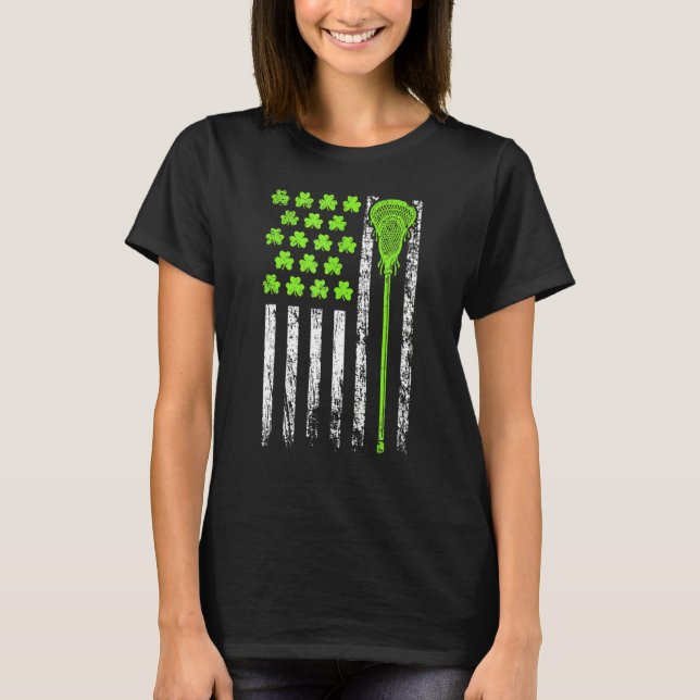 Lacrosse American Flag St Patrick Day For Men Boy  T Shirt (Framsida)