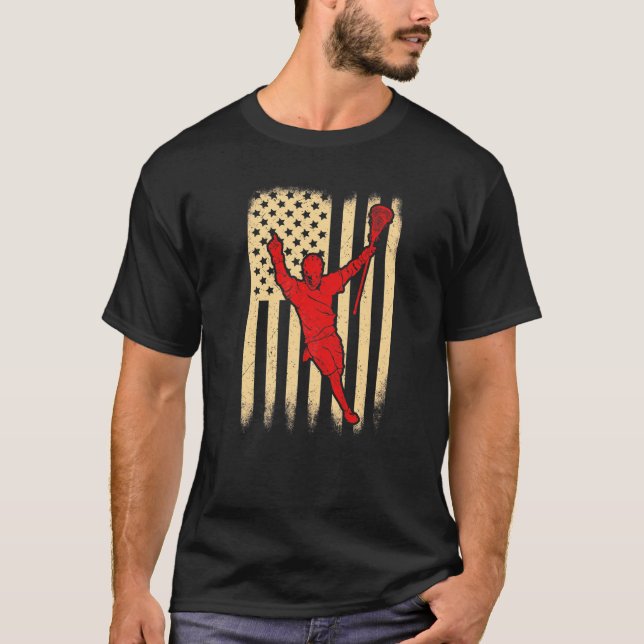 Lacrosse American Flagga Kor Lacrosse Sticks Manar T Shirt (Framsida)