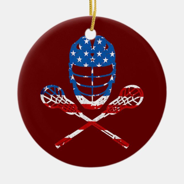 Lacrosse American Flagga Lax Helmet Sticks 4:e av Julgransprydnad Keramik (Framsidan)