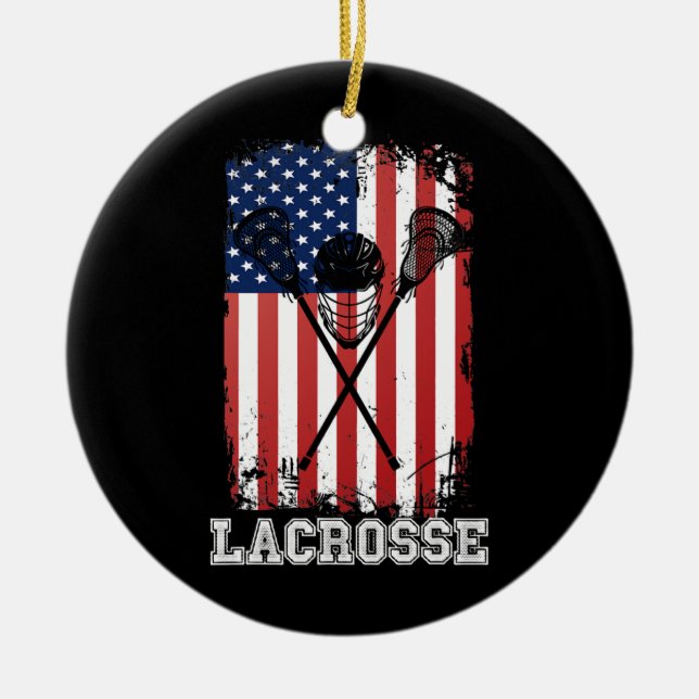 Lacrosse American Flagga Lax Helmet Sticks 4:e av Julgransprydnad Keramik (Framsidan)