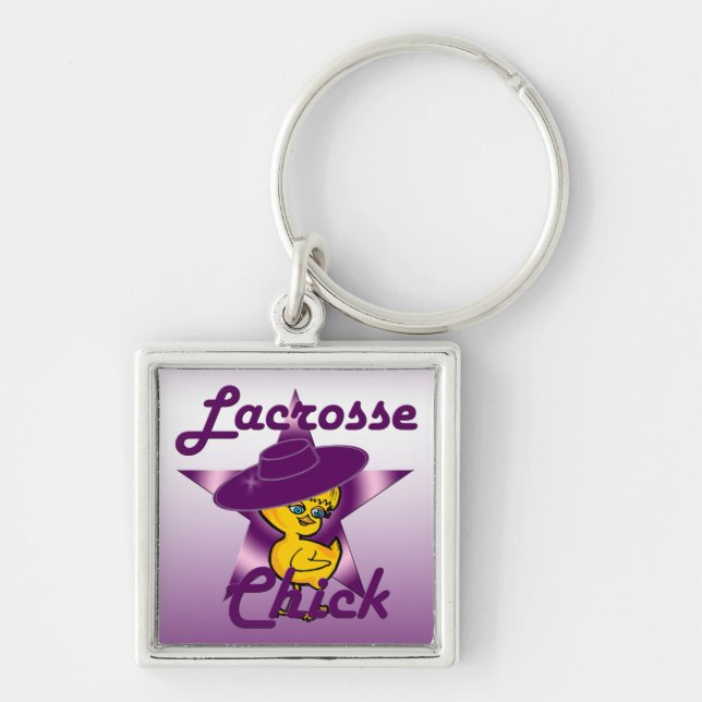Lacrosse Chick Fyrkantig Silverfärgad Nyckelring (Framsidan)