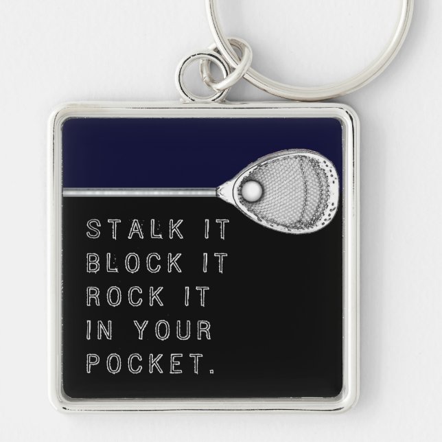 Lacrosse Goalie Keychain Fyrkantig Silverfärgad Nyckelring (Framsidan)