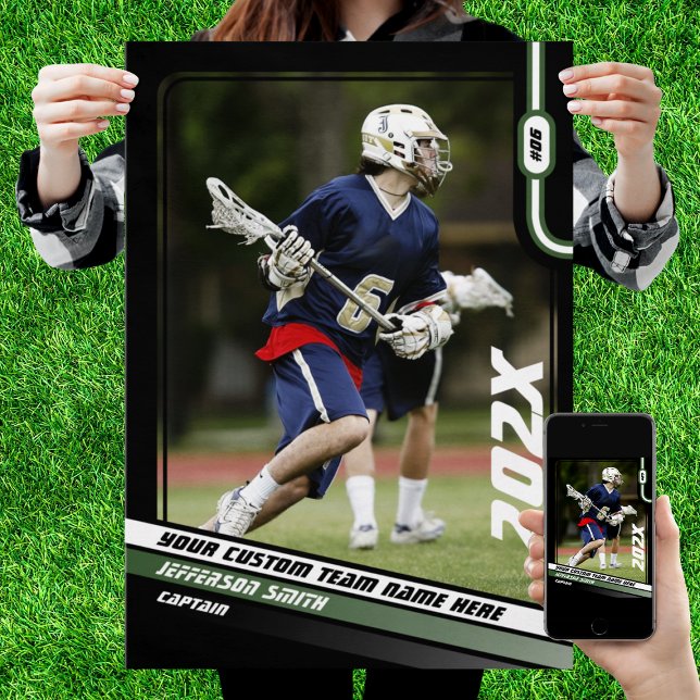 Lacrosse Player Anpassningsbar Gift i Grönt Poster (Lacrosse Player Poster in Black with Custom Team Name and Green White Elements)