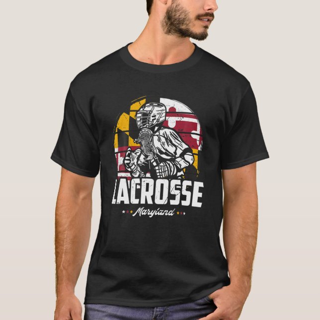 Lacrosse Player Maryland Flagga Lax Retro T Shirt (Framsida)