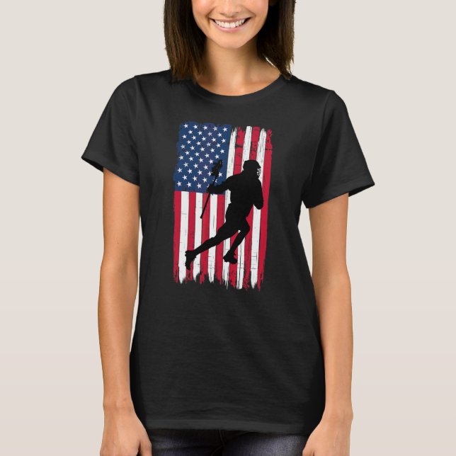 Lacrosse Player Silhouette American Flagga Usa Pat T Shirt (Framsida)
