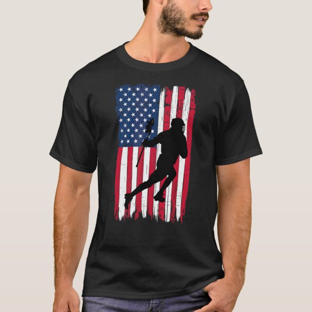 Lacrosse Player Silhouette American Flagga Usa Pat T Shirt (Framsida)
