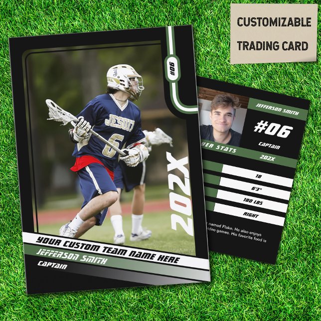 Lacrosse Player Trading Card in Black Grönt (Lacrosse Player Trading Card in Black with Custom Team Name and Green White Elements)