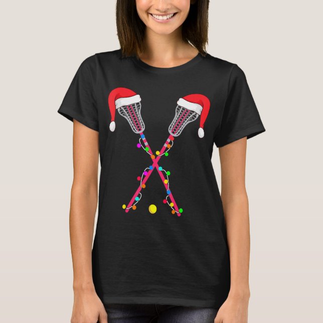 Lacrosse Santa Hat Christmas Lights Fun Sport Xmas T Shirt (Framsida)