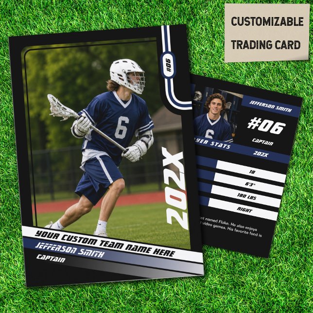 Lacrosse-spelares samlarkort i svartblått (Lacrosse Player Trading Card in Black with Custom Team Name and Blue White Elements)