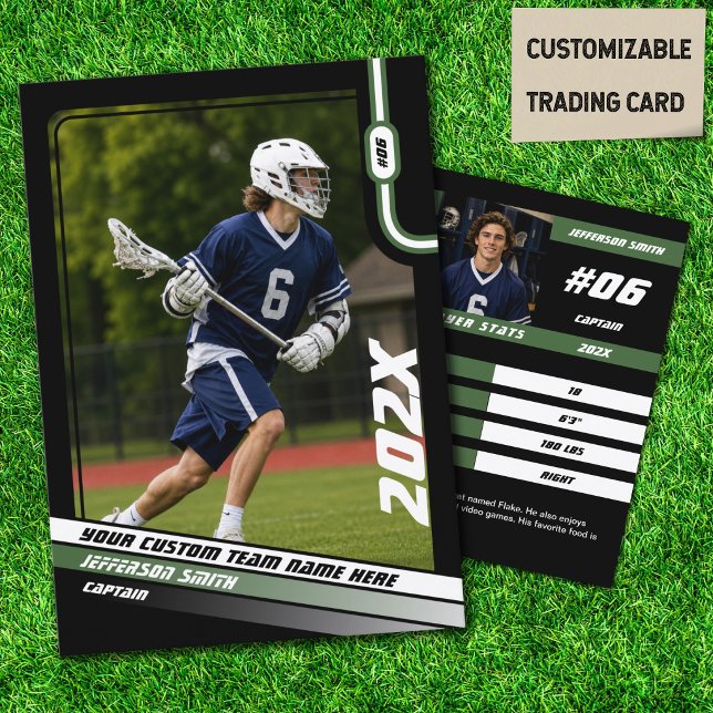 Lacrosse-spelares samlarkort i svartgrönt (Lacrosse Player Trading Card in Black with Custom Team Name and Green White Elements)