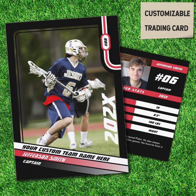 Lacrosse spelarkort i svart rött (Lacrosse Player Trading Card in Black with Custom Team Name and Red White Elements)