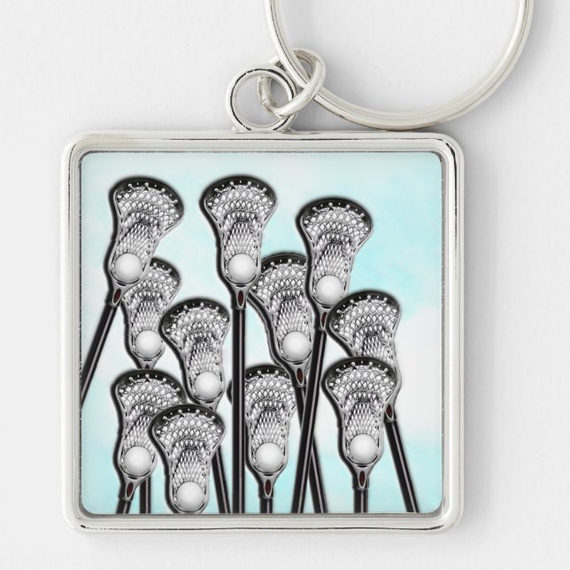 Lacrosse Sticks Fyrkantig Silverfärgad Nyckelring (Framsidan)