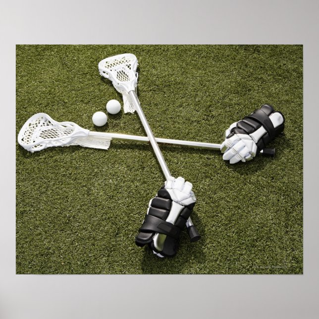 Lacrosse sticks, handskar och bollar på konstgjord poster (Framsidan)