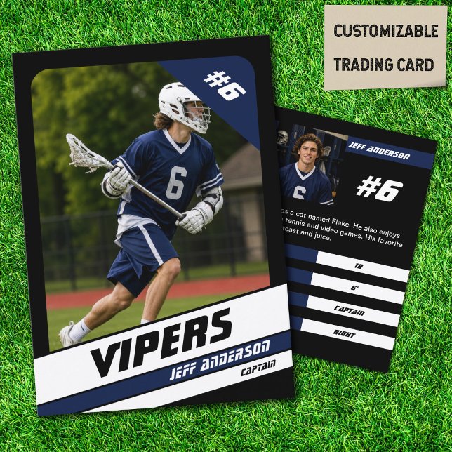 Lacrossespelarebyteskort i livfull blå svart (Custom blue & black lacrosse trading cards personalized with your favorite player)