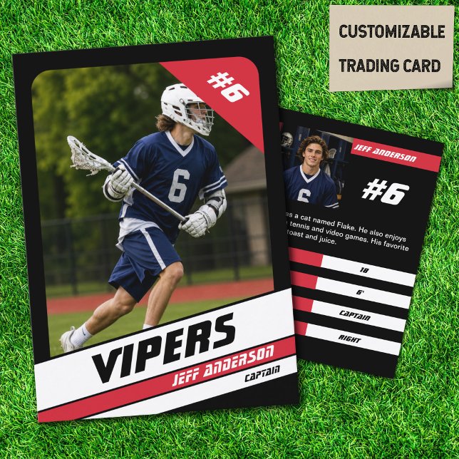 Lacrossespelarebyteskort i livfull röd svart (Custom red & black lacrosse trading cards personalized with your favorite player)