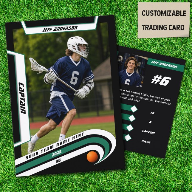 Lacrossespelarebyteskort i livlig grön (Turn your lacrosse star into a vibrant green, white, and black collectible trading card.)