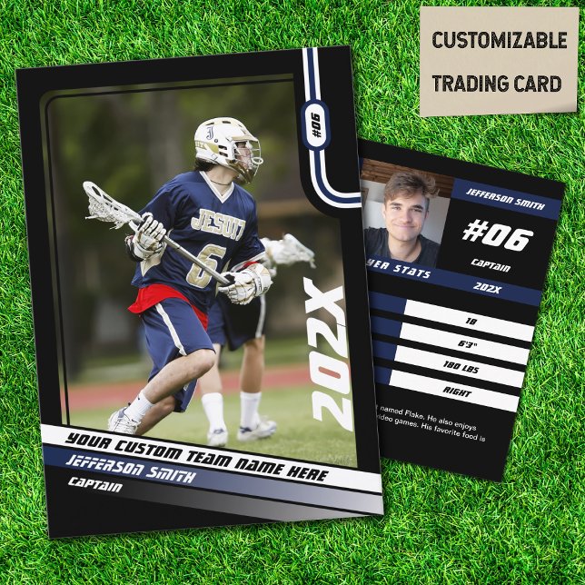 Lacrossespelarens byteskort i svartblått (Lacrosse Player Trading Card in Black with Custom Team Name and Blue White Elements)