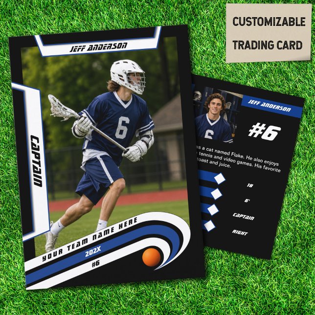Lacrossespelarens samlarkort i livlig blå (Turn your lacrosse star into a vibrant blue, white, and black collectible trading card.)