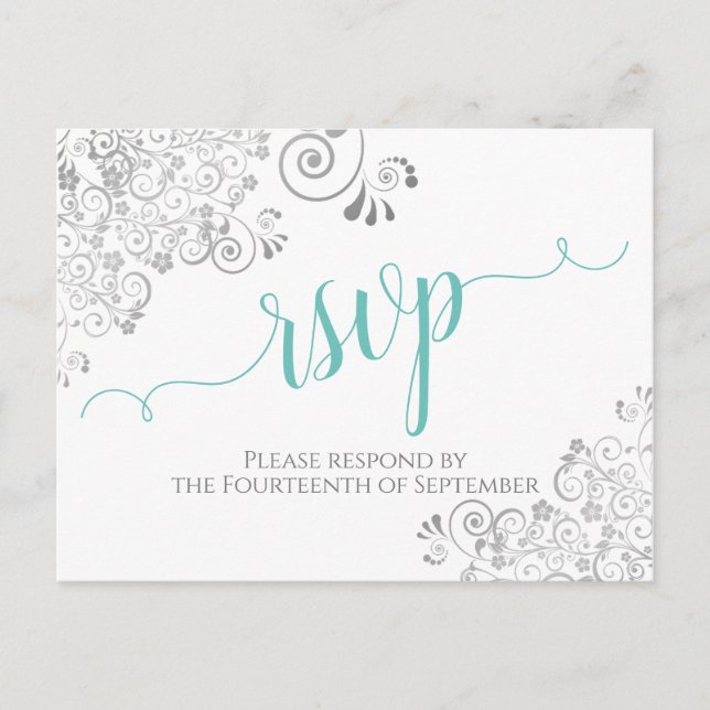 Lacy Aqua Calligraphy på White Bröllop OSA Vykort (Framsida)