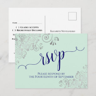 Lacy Calligraphy Navy Blue on Mint Bröllop OSA Vykort