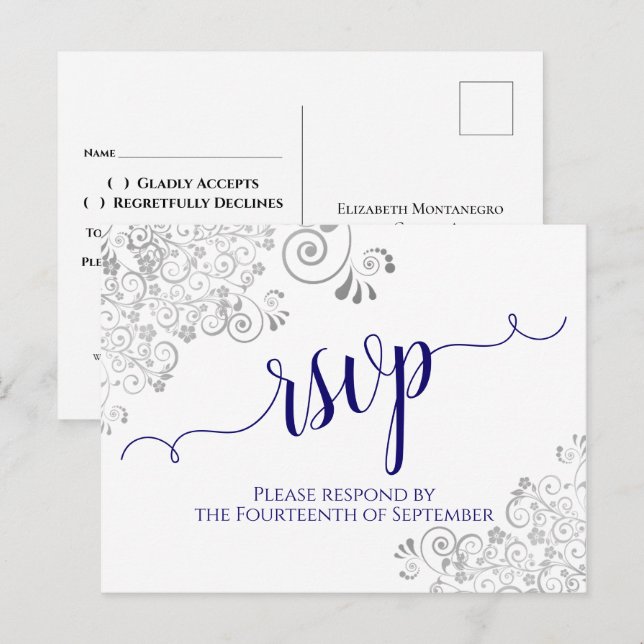 Lacy Calligraphy Navy Blue on White Bröllop OSA Vykort (Fram/baksida)