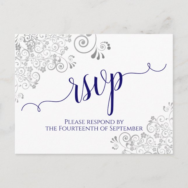 Lacy Calligraphy Navy Blue on White Bröllop OSA Vykort (Framsida)