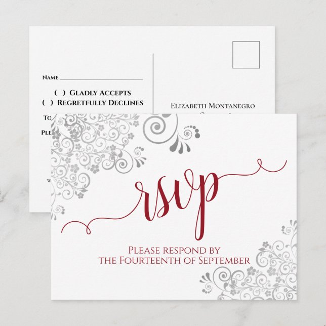 Lacy Calligraphy Red & White Bröllop OSA Vykort (Fram/baksida)