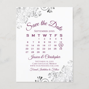 Lacy Cassis Lila Bröllop spara datum Calendar Meddelande Vykort