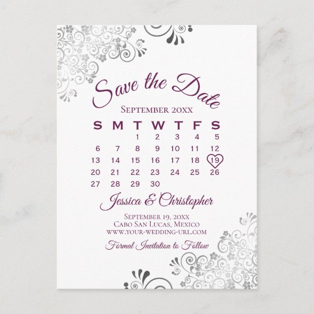 Lacy Cassis Lila Bröllop spara datum Calendar Meddelande Vykort (Framsida)
