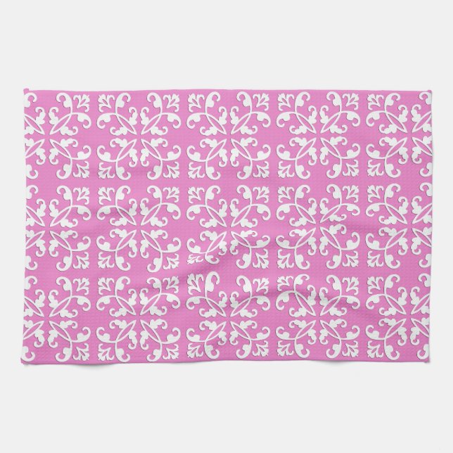 Lacy cutwork - vit över orchid rosa kökshandduk (Horisontell)