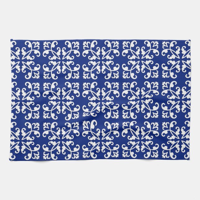 Lacy cutwork - white over lapis blue kökshandduk (Horisontell)