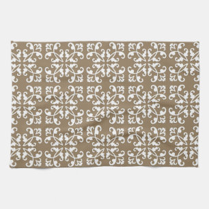 Lacy cutwork - white over taupe tan tan kökshandduk