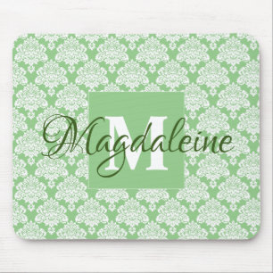 Lacy Damask Feminine Grönt & White Monogram & Namn Musmatta