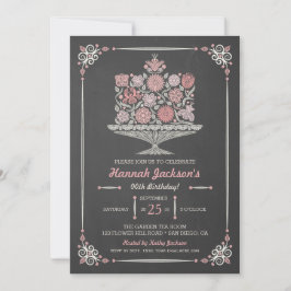 Lacy Flower Birthday Cake Chalkboard Inbjudan 5x7