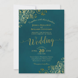 Lacy Gold Calligraphy Elegant Teal Wedding Inbjudningar