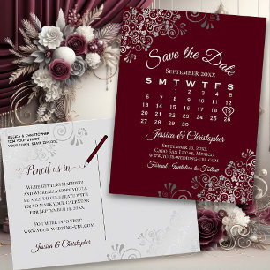Lacy Grått Burgundy Bröllop spara datum Calendar Meddelande Vykort
