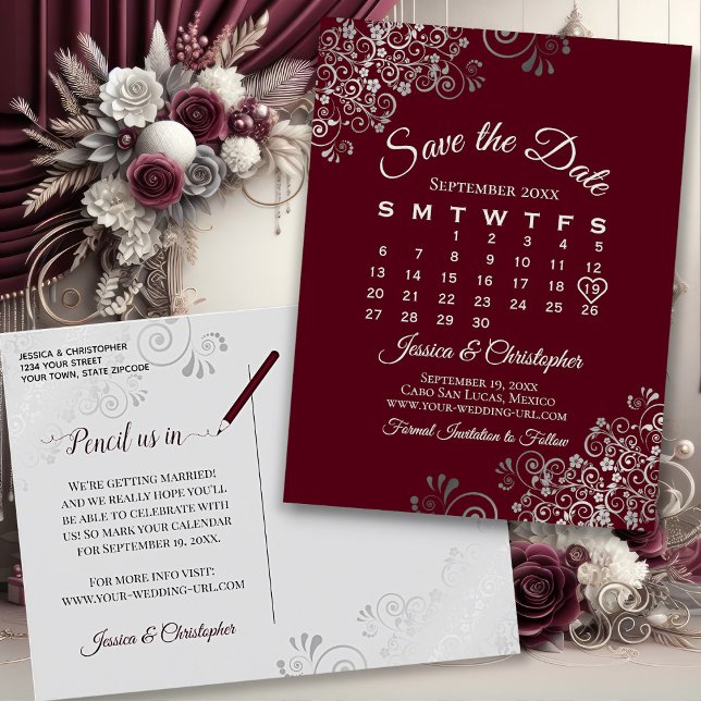 Lacy Grått Burgundy Bröllop spara datum Calendar Meddelande Vykort (Front/Back)