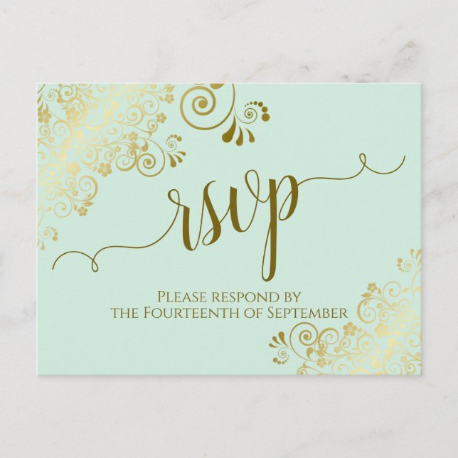 Lacy Guld Calligraphy Blek Mint Grönt Bröllop OSA Vykort (Framsida)