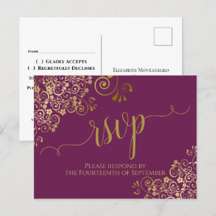 Lacy Guld Calligraphy Cassis Lila Bröllop OSA Vykort
