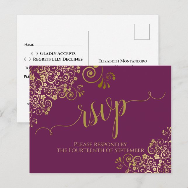 Lacy Guld Calligraphy Cassis Lila Bröllop OSA Vykort (Fram/baksida)