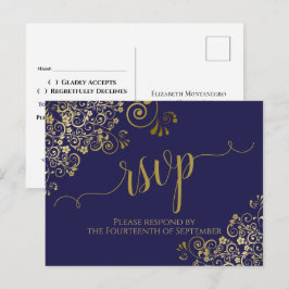 Lacy Guld Calligraphy Chic Navy Blue Bröllop OSA Vykort