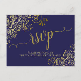 Lacy Guld Calligraphy Chic Navy Blue Bröllop OSA Vykort